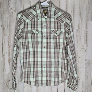 Cowgirl Legend Green Brown White Plaid Pearl Snap Studded Western Shirt Small